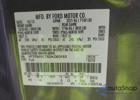 2013 Ford F-150 Xlt from USA, damaged, VIN 1FTFW1CT5DKG03153